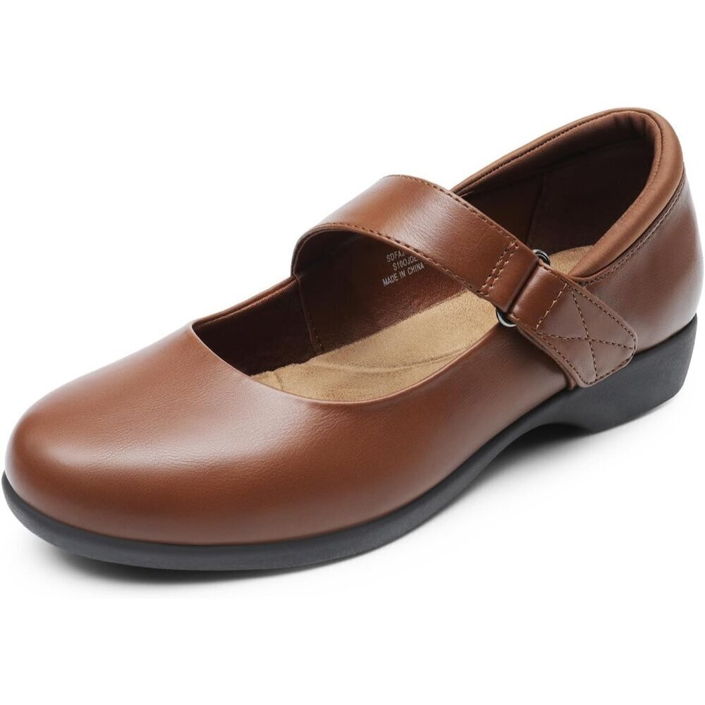 Dream Pairs Women's Brown Leather Ankle Strap and Arch Support Ballet Flats